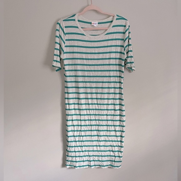 Teal and Gray Striped Lularoe Julia Dress - Picture 1 of 8